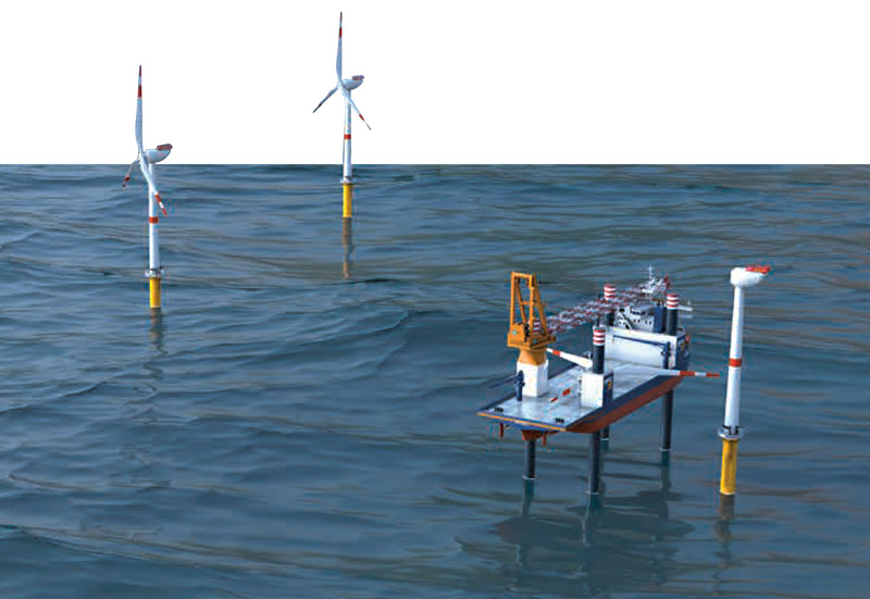 3D-Rendering von Windrädern im Meer