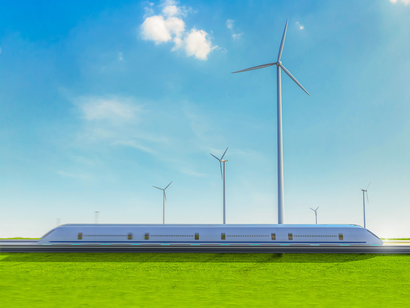 Schnellzug mit Windrädern im Hintergrund